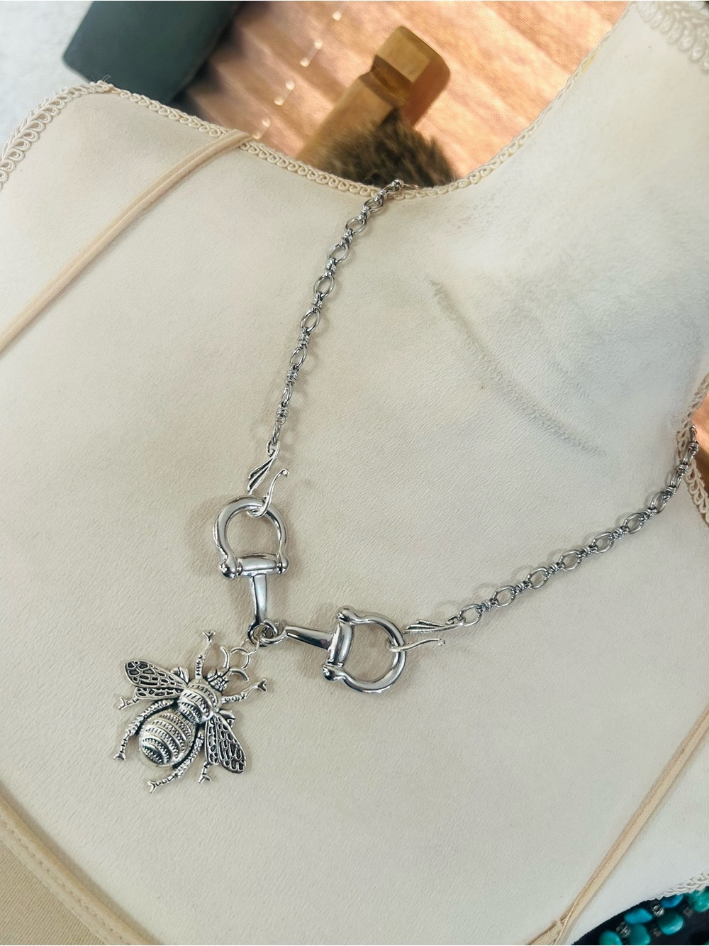 Handcrafted pony horse bit snaffle ring bumble bee pendant on chain necklace